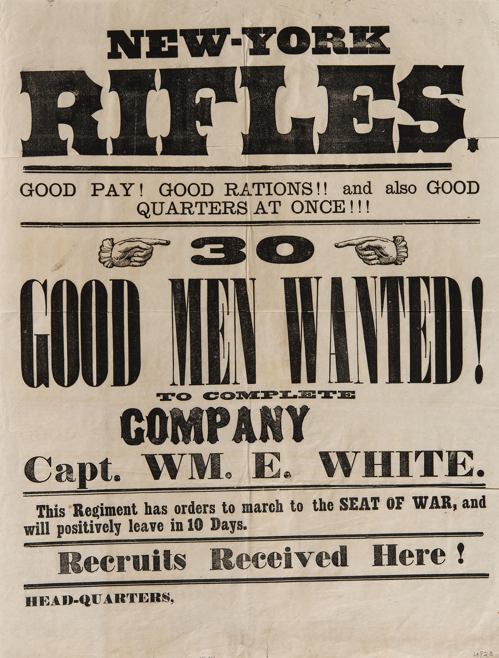Broadside with text printed in ornamented typeface in black ink recruiting soldiers for the Union Army during the Civil War.