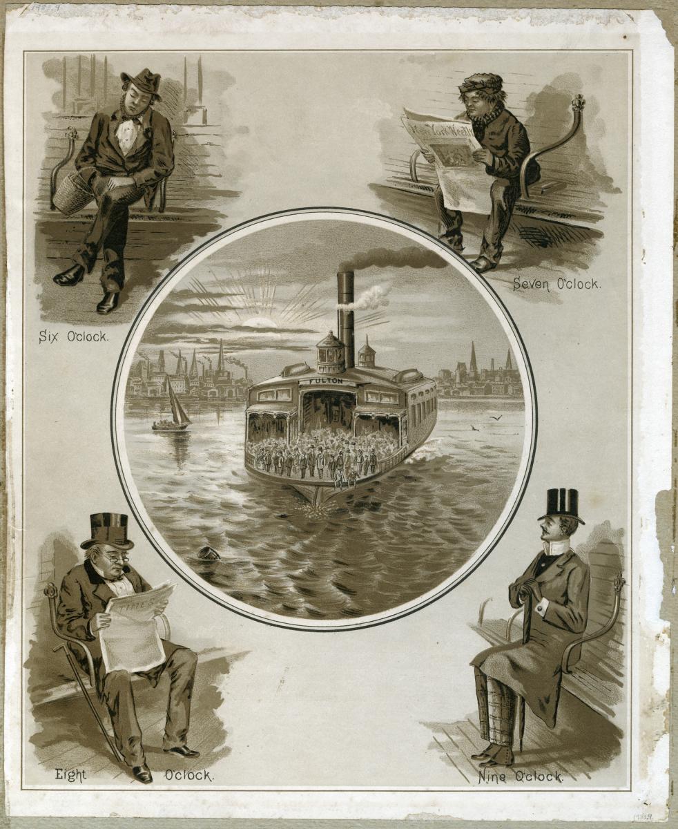 Illustrative print of four men of different economic background all commuting on the Fulton Ferry. 