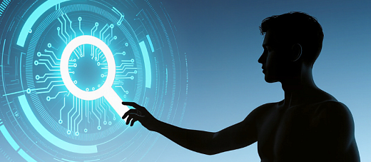 Silhouette of person touching a blue virtual search icon