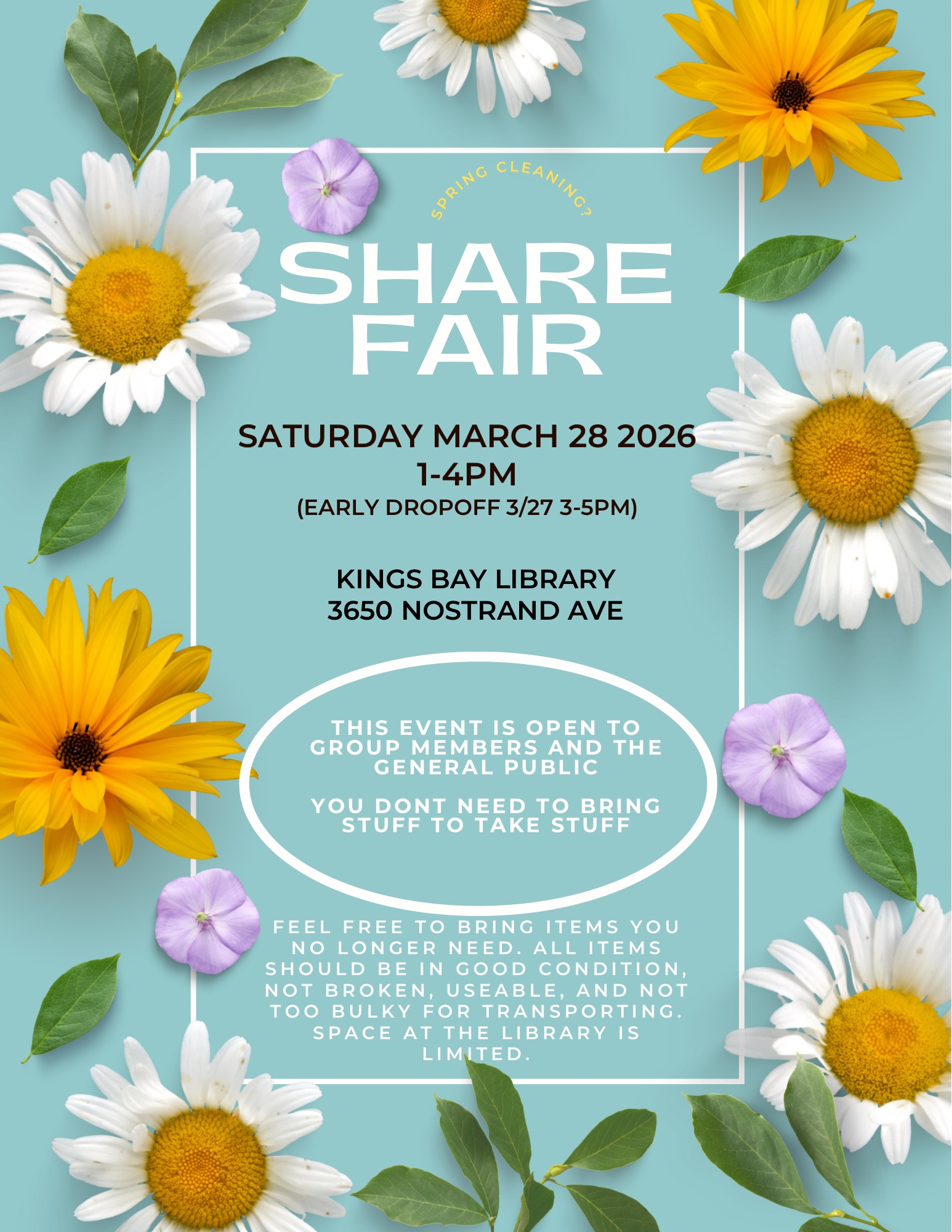 pale green background, white text, yellow and white daisies
