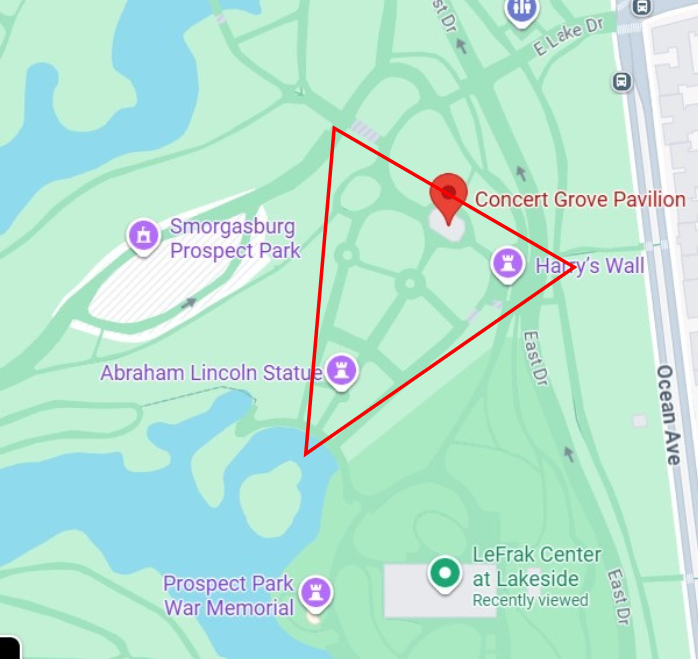Screen shot of the Concert Grove area, demarcated by a red triangle, from Google Maps. 