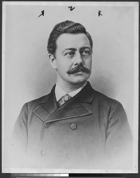 An illustrated portrait of Seth Low, a young man with a short haircut and prominent mustache 