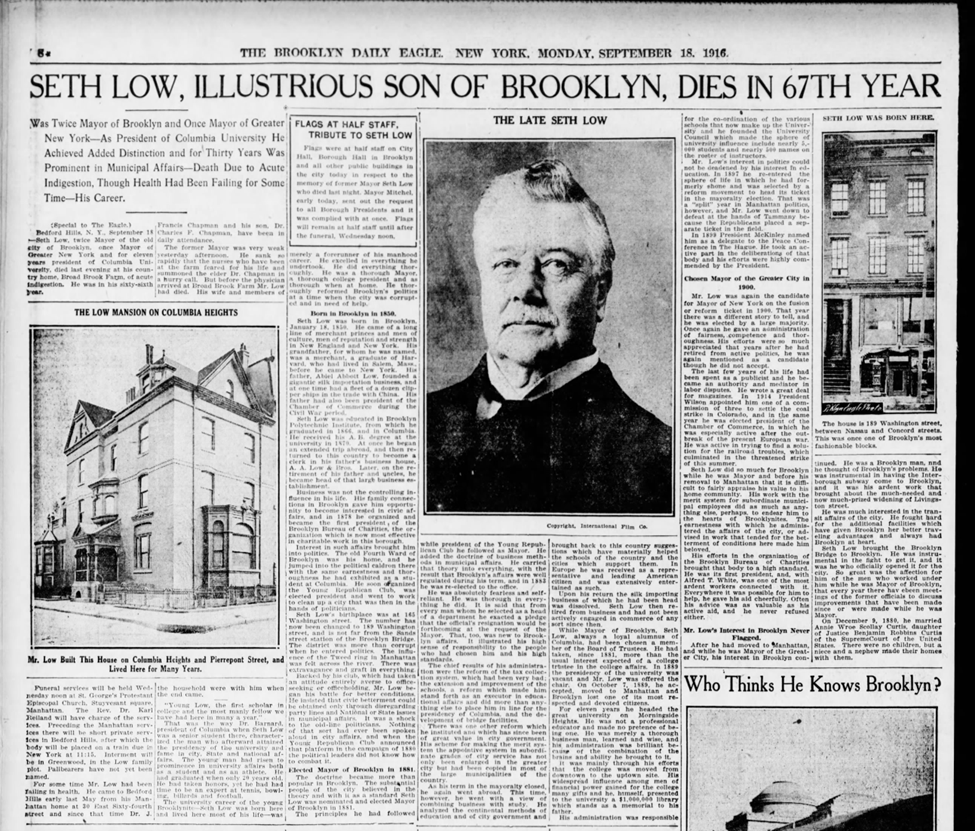 Excerpt from brooklyn daily eagle in 1916 with Seth Low's obituary