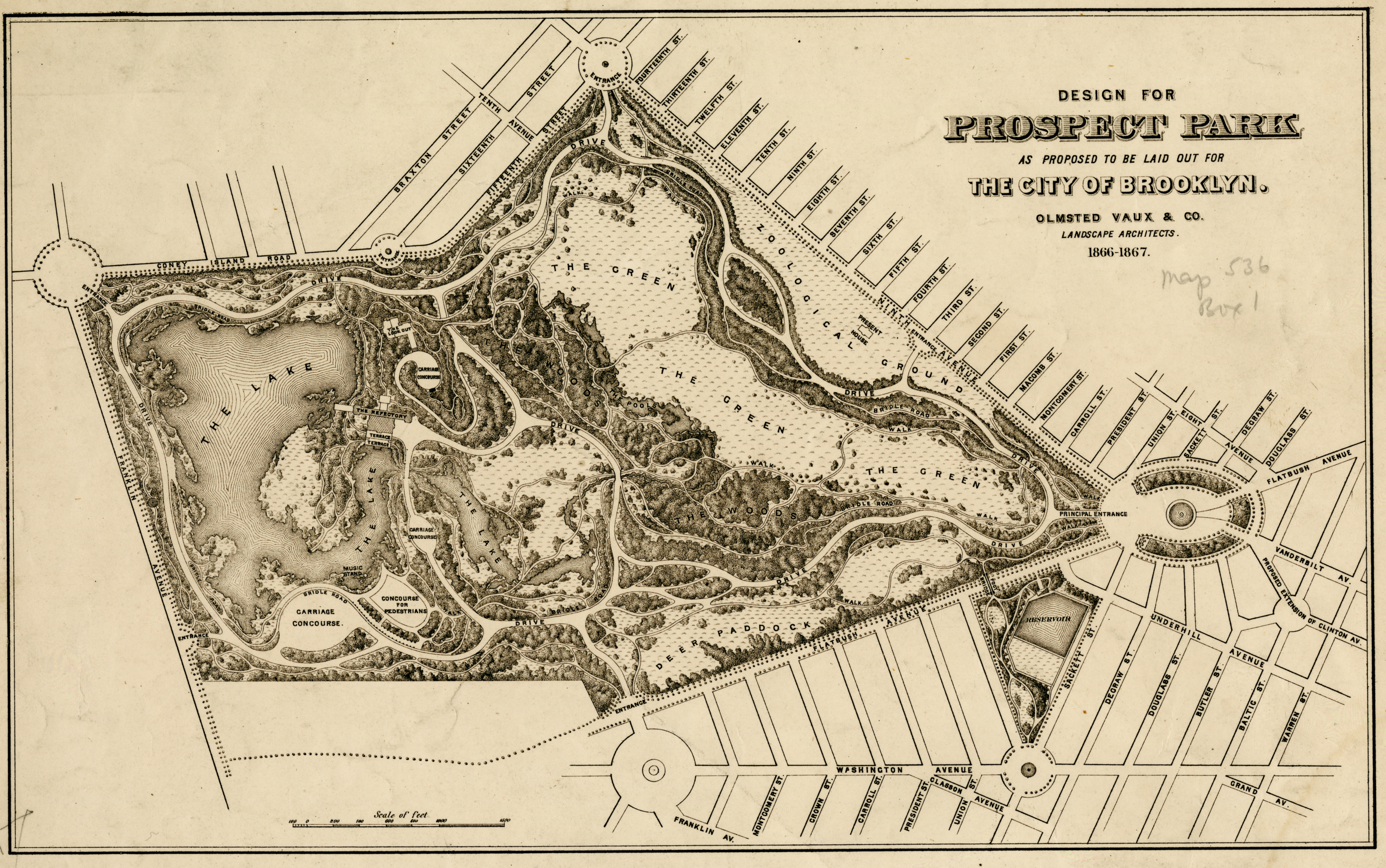 1867 map title "Design for Prospect Park, as proposed to be laid out for the City of Brooklyn," by Olmsted Vaux & co..
