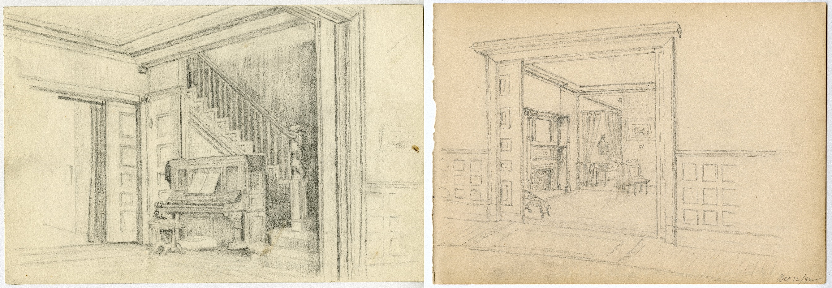 Two sketches of brownstone interiors with wood paneling and developed shading