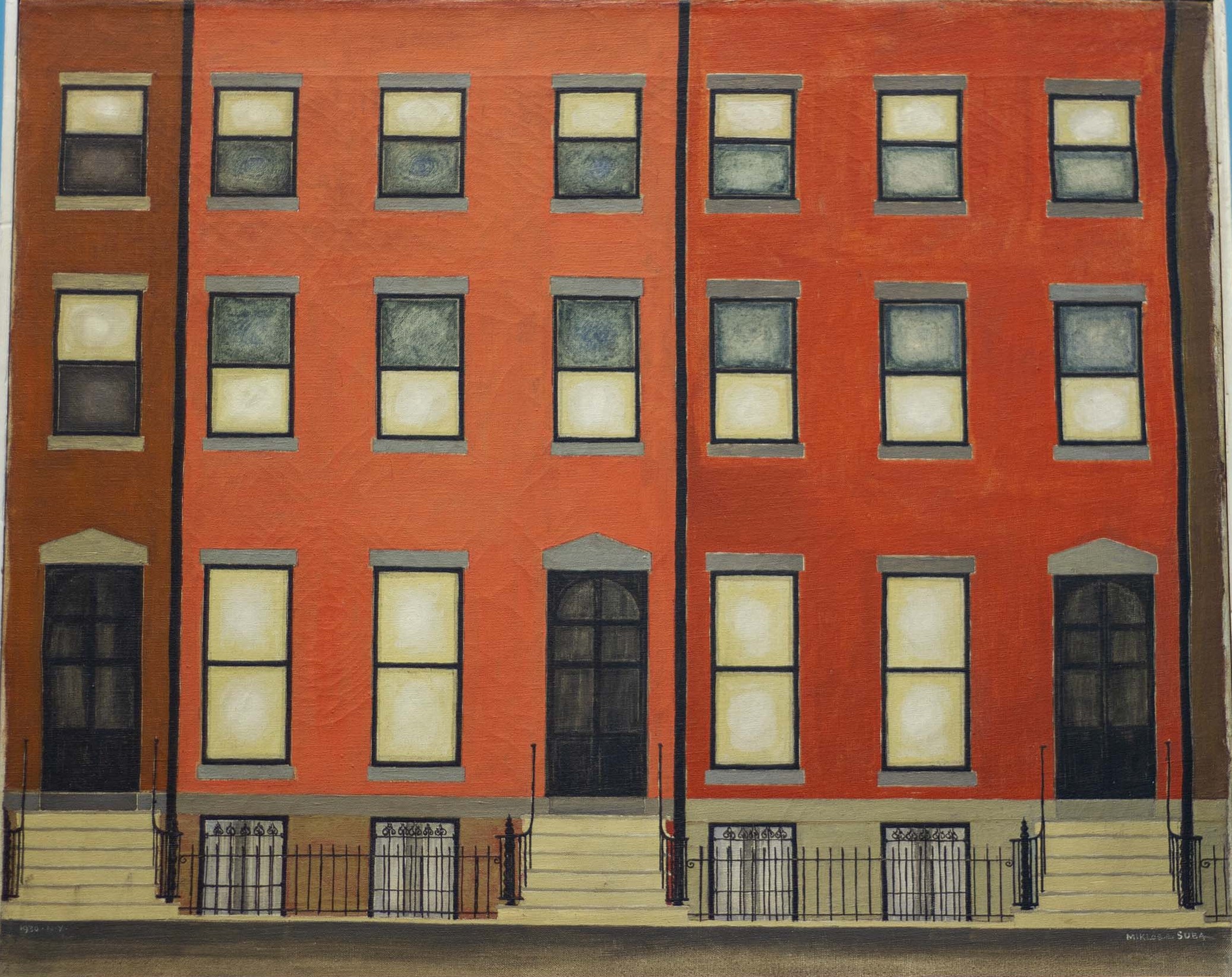 Painting of a row of brick townhouses street level emphasizing planes of color and vertical lines.