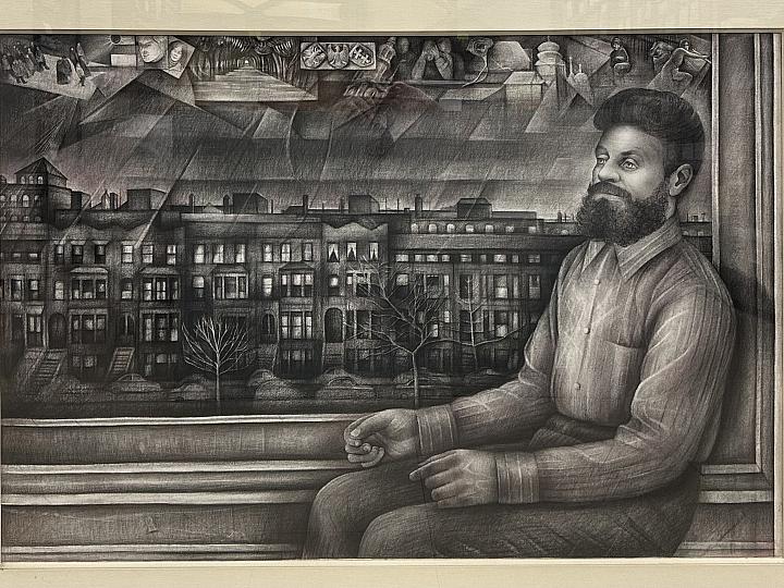 A black and white painting of a man sitting in front of a streetscape