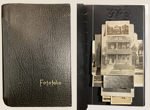 cover and page of 19th century photo album with pictures of house with porch decorated with bumting