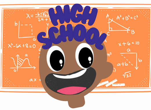 An image of a cartoon high school student, with the words above his head saying "high school" and behind him an orange blackboard with math equations.
