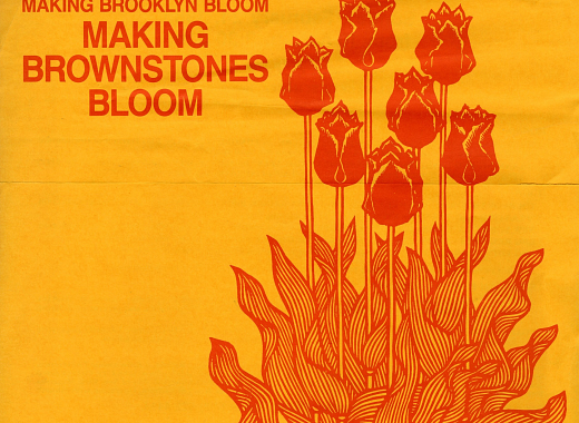 Red text and red image of tulips on yellow background; text reads, Making Brownstones Bloom