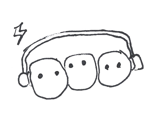 Three heads sharing headphones