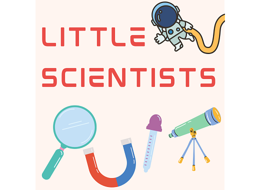 little scientists with the image of an astronaut, a magnifying glass, a u shaped magnet, a pipette, and a telescope