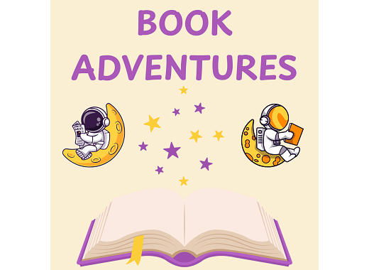 book adventures with two images of astronauts reading while sitting on crescent moons floating about an open book with purple and yellow stars rising out of it