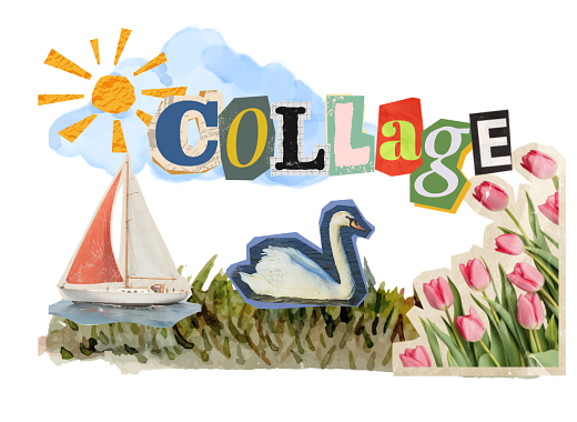 image of collage featuring sailboat, swan, flowers, and the word collage