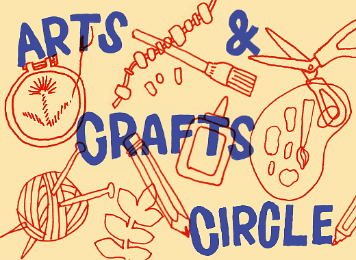 Arts and crafts tools arranged around the text 'Arts & Crafts Circle'.
