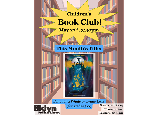 cover of book with a blue whale and a girl standing on a dock above it. Behind the book is a row of bookshelves