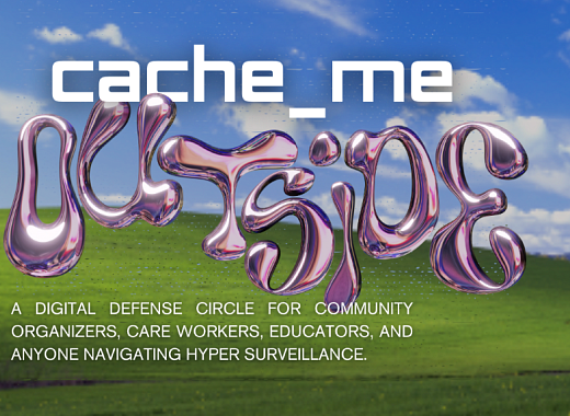 The words "Cache_Me Outside" in stylized typefaces on a background of blue sky and green grass.