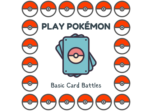 Play Pokemon Basic Card Battles with three pokemon cards fanned in the middle and a border of pokeballs frame the image