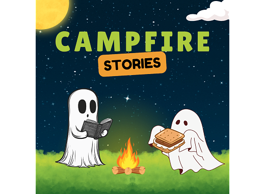 Text reads Campfire Stories. In the background is a full moon and a starry sky. A campfire is in the middle of a layer of grass. On the left side, a ghost reads a book to another ghost eating a smore on the other side of the fire.