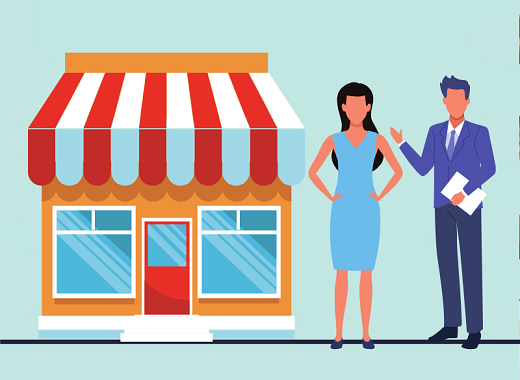 this drawing represents a man and a woman standing next to a store