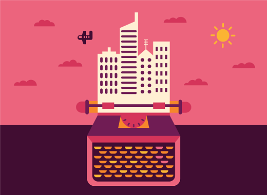 illustration of a typewriter and a building
