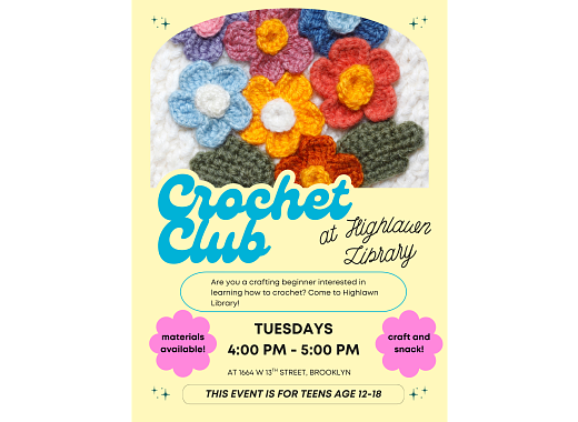 Crochet club flyer with crochet flowers