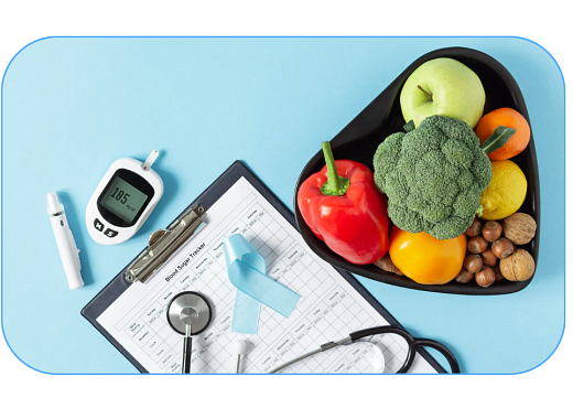 Veggies, glucometer, medical chart