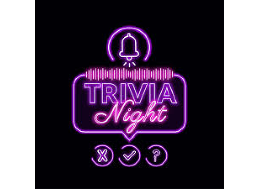 Image has a black background and neon pink and purple text that reads, "Trivia Night" with a bell above the text and an x, check mark and question mark beneath the text. The text is surrounded by a text bubble. 