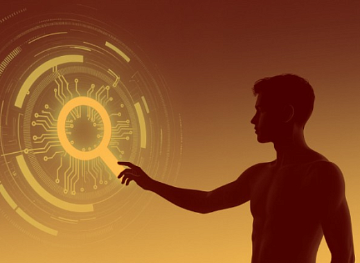 digital image of person pointing to search sybmol