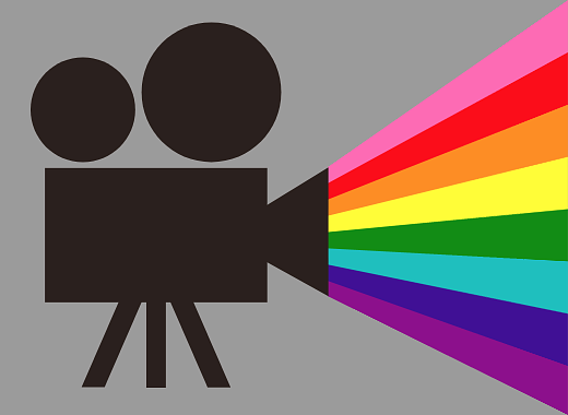 A black silhouette of a vintage film camera projecting a rainbow beam on a gray background.