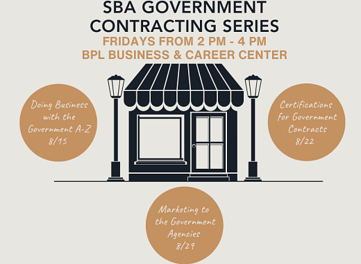 SBA Government Contracting Series, Fridays from 2 to 4 pm at the BPL Business & Career Center