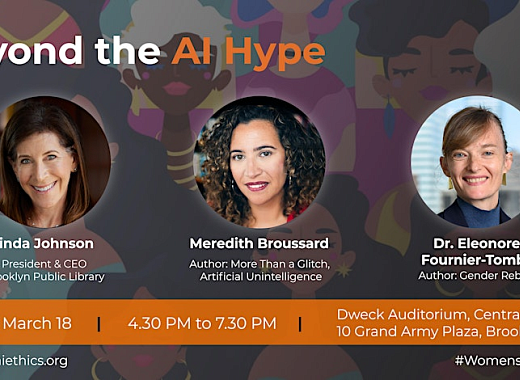 A graphic for an event called Beyond AI Hype. Three headshots of the speakers are in the foreground. The background shows a variety of different illustrated women.