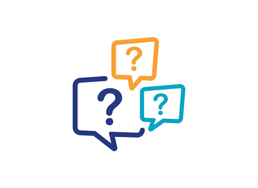 Three speech bubbles of varying colors with question marks inside