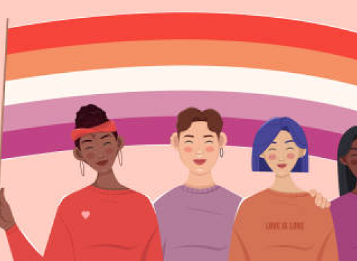 An illustrated image of 6 women with varied skin tones, hair colors, and hair cuts stand in front of the lesbian flag.