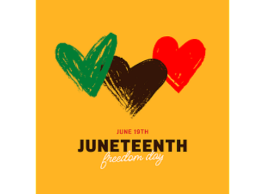 three hearts, one green, black, one red over a gold background with the words juneteenth freedom day