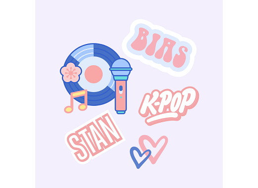 blue record surrounded by the words k-pop, bias, stan