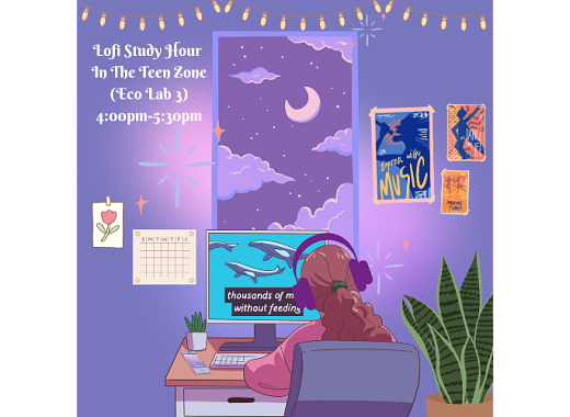 A lofi study scene with a person sitting at the desk in front of a computer.