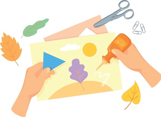 Two hands create a nature based collage. One holds an orange glue bottle, the other a blue triangle. Various nature items (leaves, a sun, a hill) decorate the collage and the desk around it. A pair of scissors sits in the upper right hand corner
