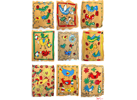Children's versions of brightly colored Mexican Amate paintings