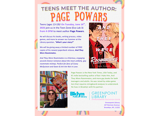 Page Powars at Greenpoint Library on June 16th flier