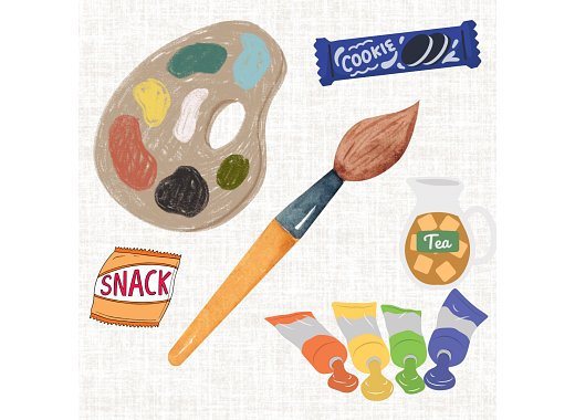 Canvas background. Images displayed are cookies, a paint palette, a paint brush, snacks, iced tea, and cookies. 