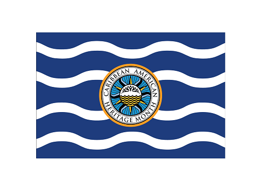 A Caribbean American Flag (squiggly blue and white lines) behind a Caribbean AMerican Heritage logo