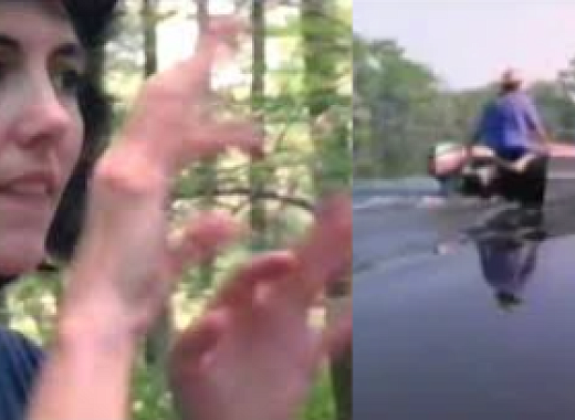 On the left a woman signs ASL. On the right a boat moves down a river.