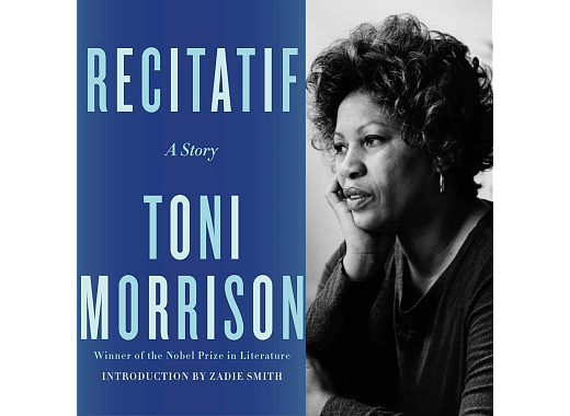 Recitatif cover with blue and white photo of Toni Morrison.