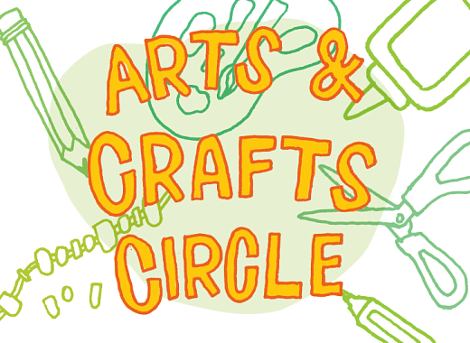 Illustrated graphic reading “Arts and Crafts Circle”, surrounded by hand-drawn outlines of craft supplies.