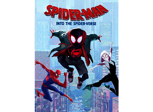 image of the three main characters of the movie spiderman into the spiderverse jumping through a city. 