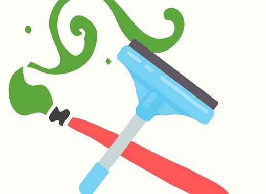 Cartoon style of a paintbrush with paint on it and a squeegee overlapping