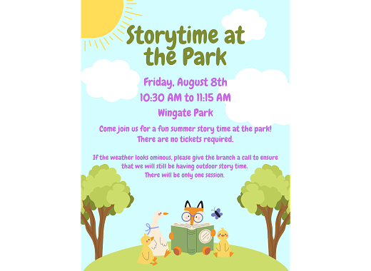 a poster with animals reading in a park with info about the outdoor storytime session