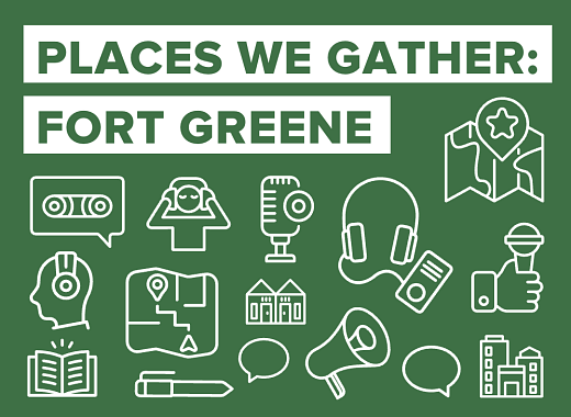 A green square with small drawings of people listening to headphones, holding microphones, and looking at maps.