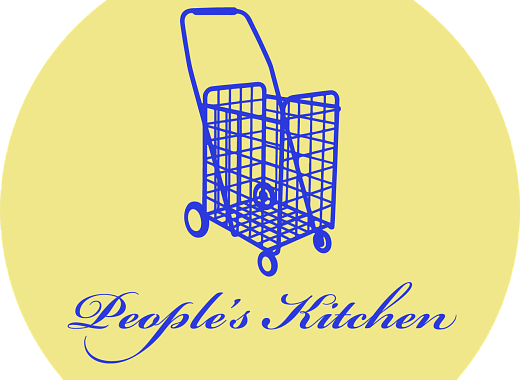 center of the icon is a blue shopping cart with a pastel yellow background. Text underneath the cart says "People's kitchen"